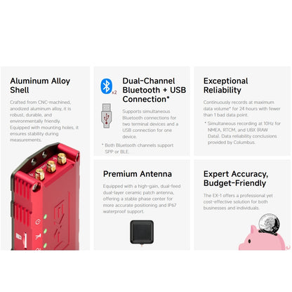 Columbus EX-1 Ultra-High Accuracy RTK GNSS Data Logger (Supports RTK, PPK, and standalone data logging; 30 cm accuracy in standalone mode; up to 1 cm accuracy with RTK or PPK)